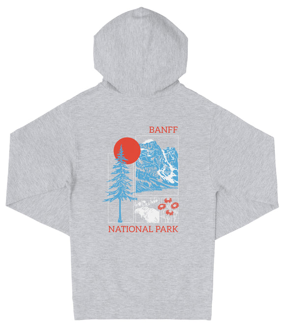 A grey hooded sweatshirt with a graphic design featuring a mountain landscape, a tree, and a red sun.