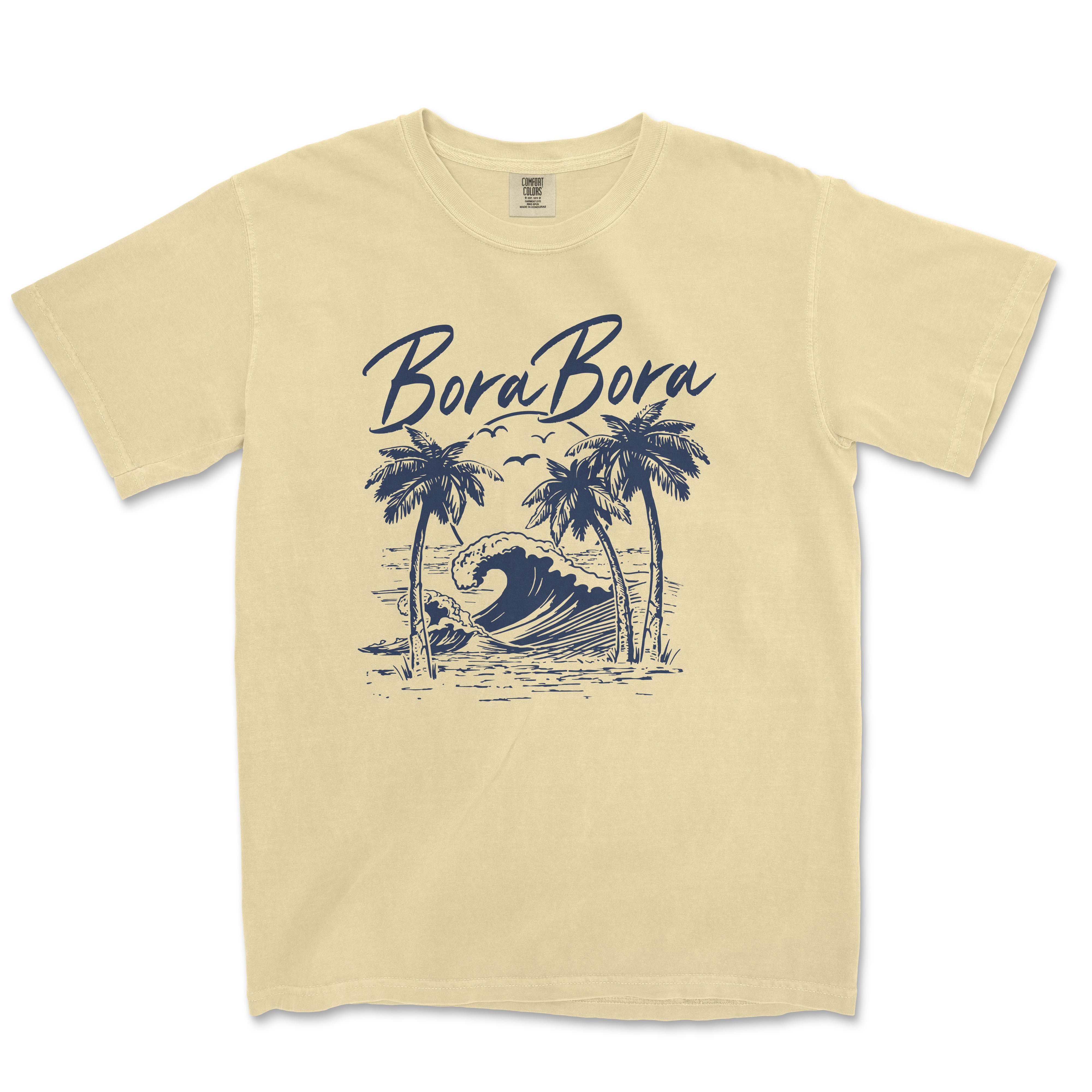 a t - shirt with a picture of a wave and palm trees