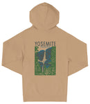 A beige hooded sweatshirt with a graphic design depicting a waterfall and the text "YOSEMITE National Park" printed on the back.