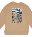 A beige sweatshirt with a graphic design depicting a mountain landscape with a person standing on a rock.