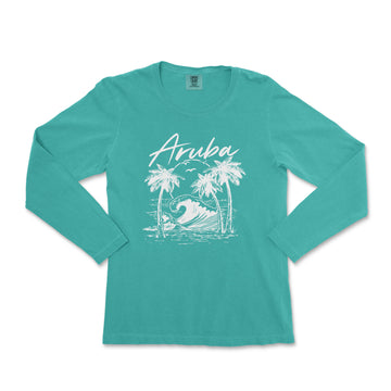 a women's long sleeve shirt with an image of a surfer on a wave