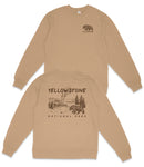 a beige sweatshirt with a graphic design depicting a bear and a landscape, along with the text "Yellowstone National Park" printed on the back.
