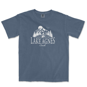 a blue lake agnes t - shirt on a white background