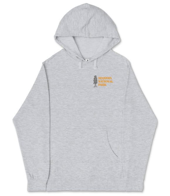 A gray hooded sweatshirt with the text "SEQUOIA NATIONAL PARK" printed on the front.