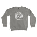 a grey sweatshirt with a white logo on it