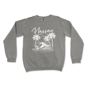 a gray sweatshirt with a picture of a wave and palm trees