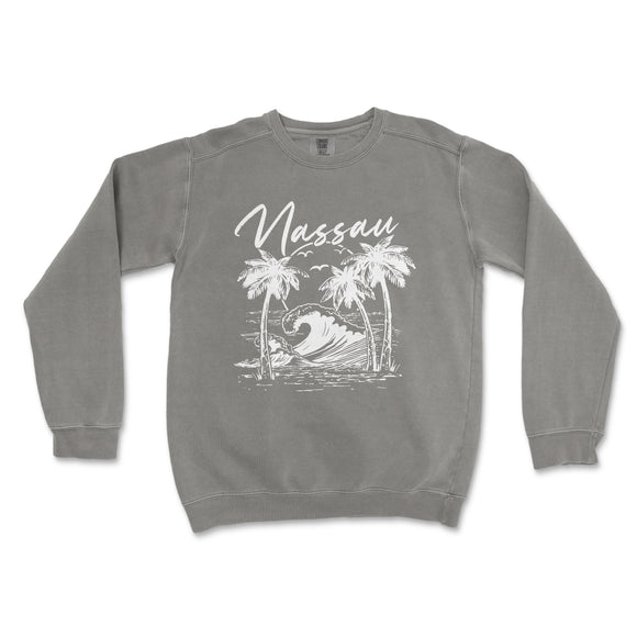 a gray sweatshirt with a picture of a wave and palm trees