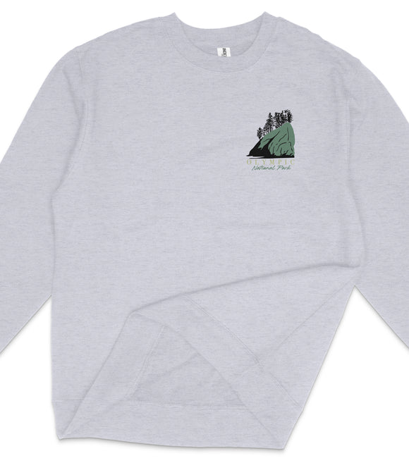 A gray sweatshirt with a small graphic design on the front, depicting a mountain landscape with trees.