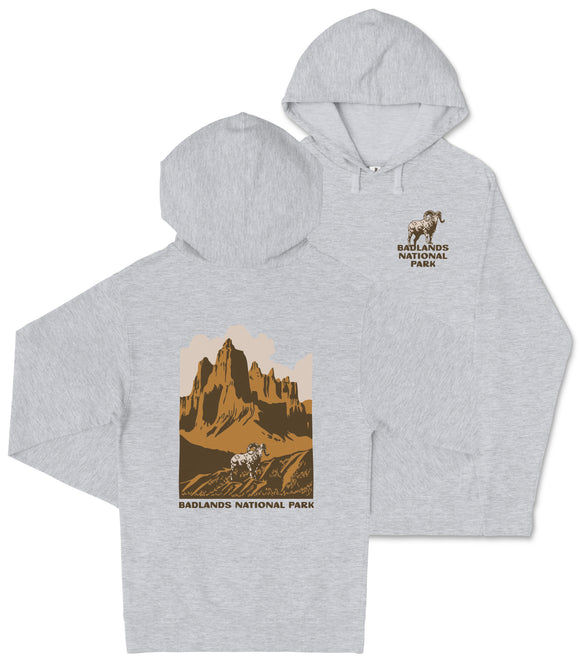 A gray hooded sweatshirt with a graphic design depicting a mountain landscape and the text "Badlands National Park" printed on it.
