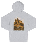 A gray hooded sweatshirt with a graphic design depicting a mountain landscape and a person riding a horse.