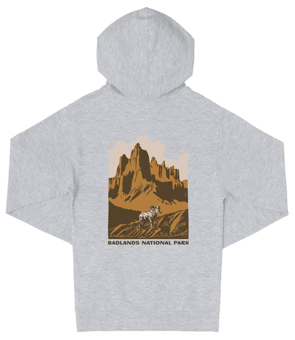 A gray hooded sweatshirt with a graphic design depicting a mountain landscape and a person riding a horse.
