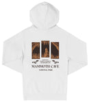 A white hooded sweatshirt with a graphic design featuring images of the Mammoth Cave National Park in Kentucky.