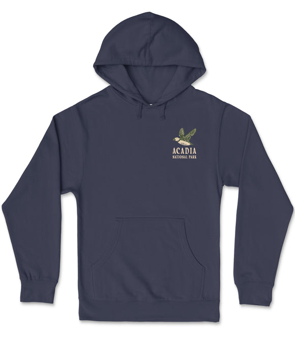A navy blue hooded sweatshirt with the text "ACADIA NATIONAL PARK" printed on the front.