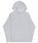 A gray hooded sweatshirt with a small logo on the left side.