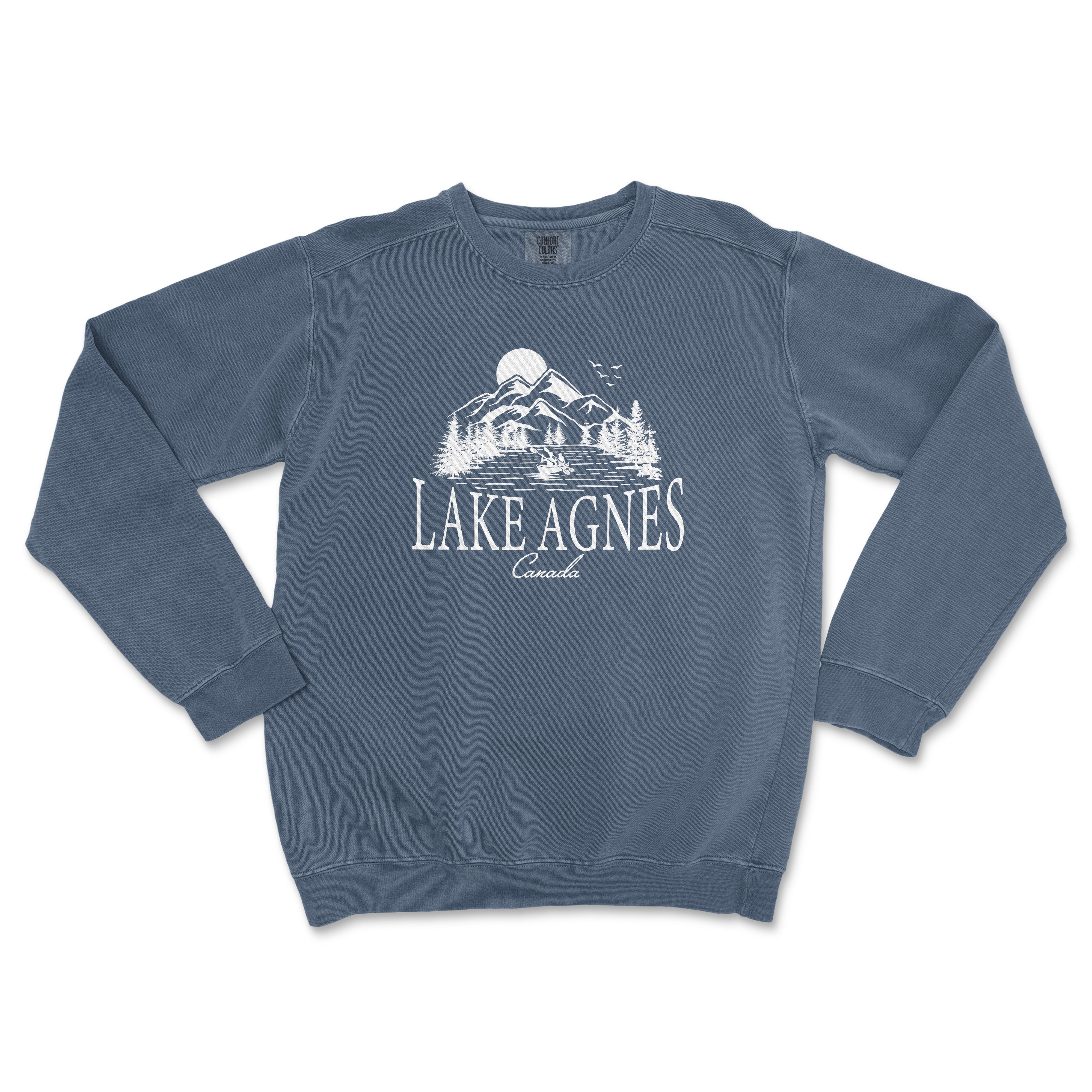 a blue sweatshirt with the lake agnes logo on it