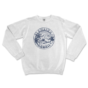 a white sweatshirt with a blue logo on it