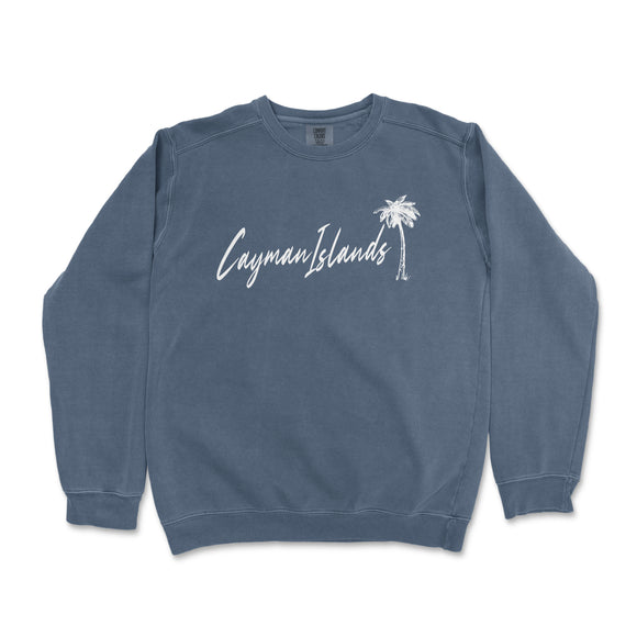 a blue sweatshirt with a palm tree on it