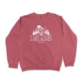 a red sweatshirt with the words lake agnes on it