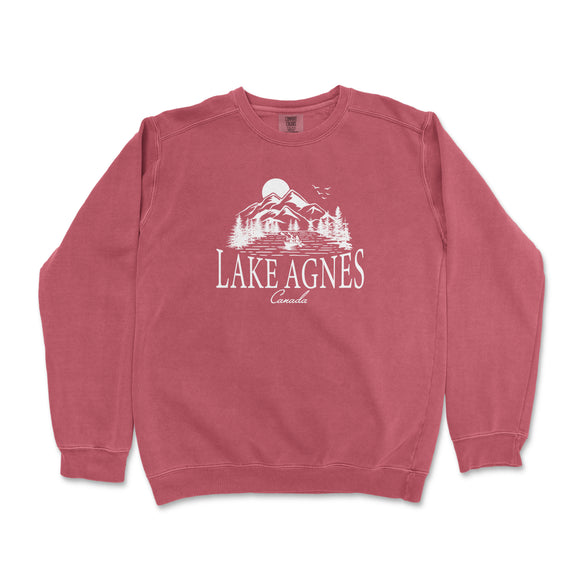 a red sweatshirt with the words lake agnes on it