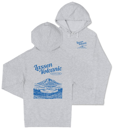 A grey hooded sweatshirt with a graphic design featuring a mountain landscape and the text "Lassen Volcanic National Park" printed on it.