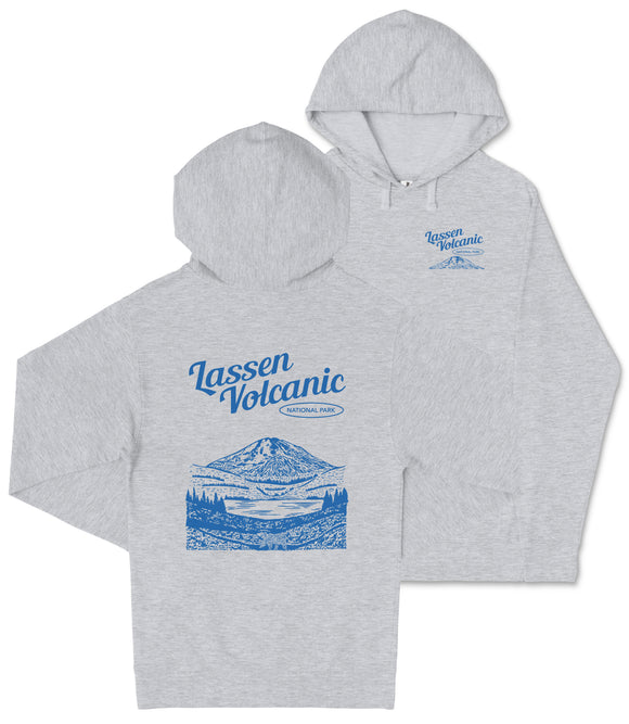 A grey hooded sweatshirt with a graphic design featuring a mountain landscape and the text "Lassen Volcanic National Park" printed on it.