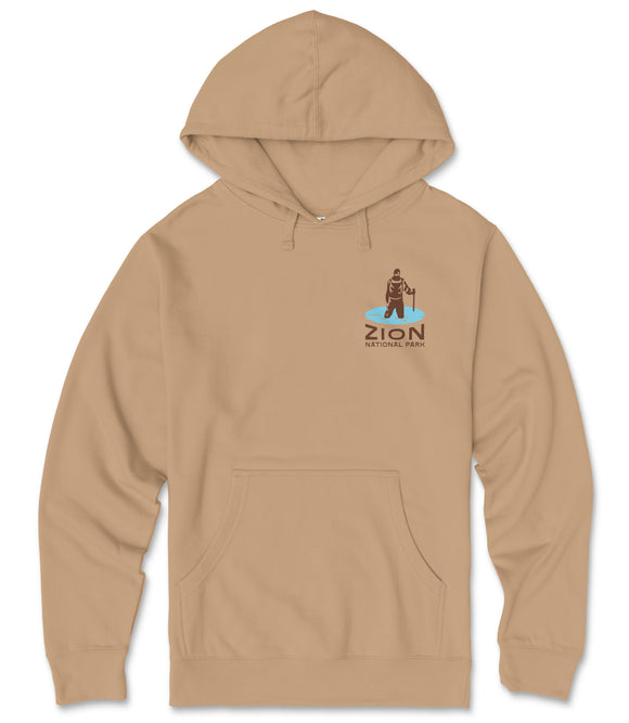 A beige hooded sweatshirt with a graphic design on the front.