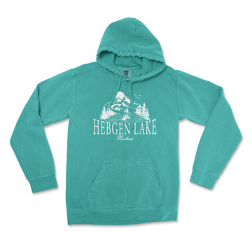 a teal hoodie with the words hegen lake printed on it