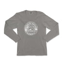 a grey long sleeve shirt with a white logo on the front