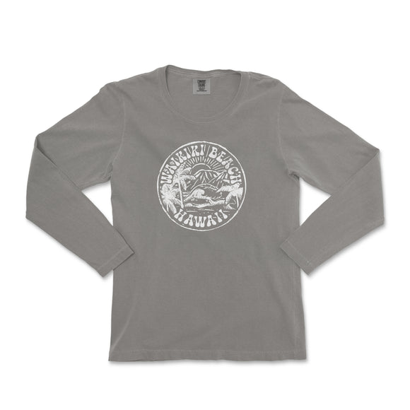 a grey long sleeve shirt with a white logo on the front