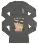 a gray long-sleeved t-shirt with a graphic design depicting Bryce Canyon National Park in the United States.