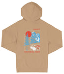 A beige hooded sweatshirt with a graphic design featuring a mountain landscape, a sun, and a moose.