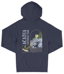 A navy blue hooded sweatshirt with a graphic design featuring a mountain landscape, a bird, and text that reads "ACADIA NATIONAL PARK".