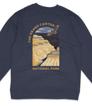 a graphic design of a canyon with a bird flying over it, representing the Grand Canyon National Park.