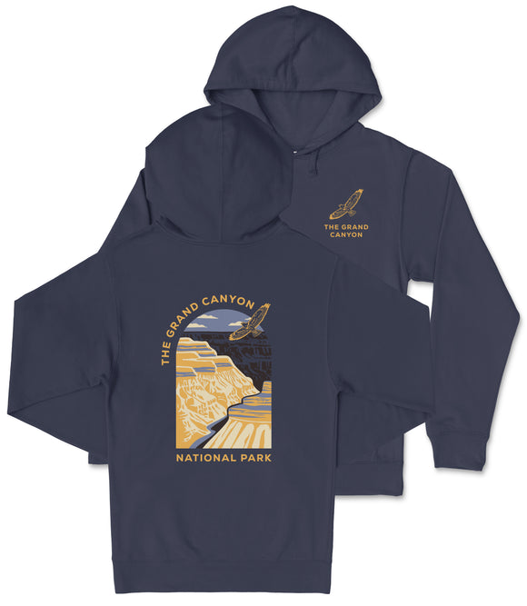A navy blue hooded sweatshirt with a graphic design depicting the Grand Canyon National Park.