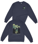 a navy blue sweatshirt with a graphic design on the back, depicting a scenic landscape with trees, mountains, and a body of water.