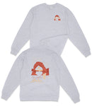 a gray sweatshirt with a graphic design on the back.
