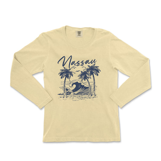 a women's long sleeve shirt with a picture of a wave and palm trees