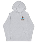 A gray hooded sweatshirt with a logo on the front.