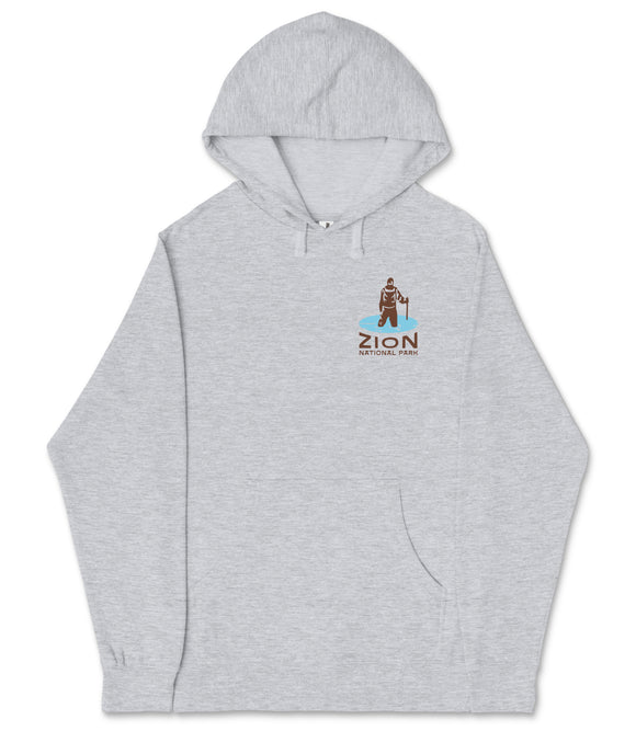 A gray hooded sweatshirt with a logo on the front.