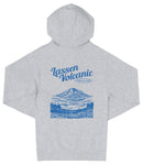 A gray hooded sweatshirt with a graphic design depicting a mountain landscape and a lake.