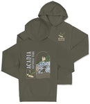 A dark green hooded sweatshirt with a graphic design and text printed on it.