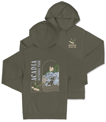A dark green hooded sweatshirt with a graphic design and text printed on it.