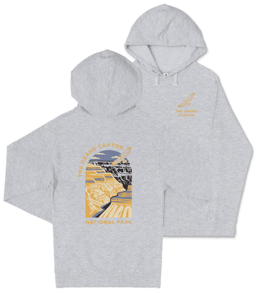 A grey hooded sweatshirt with a graphic design depicting the Grand Canyon and the text "The Grand Canyon National Park" printed on it.