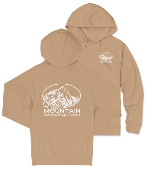 A beige hooded sweatshirt with a white graphic design and text on the back.