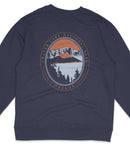 A navy blue sweatshirt with a graphic design featuring a mountain landscape and a lake.