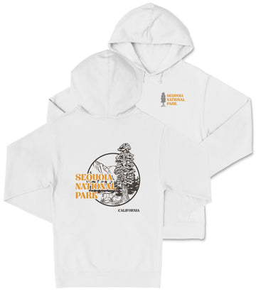 A white hooded sweatshirt with the text "SEQUOIA NATIONAL PARK" printed on the back.