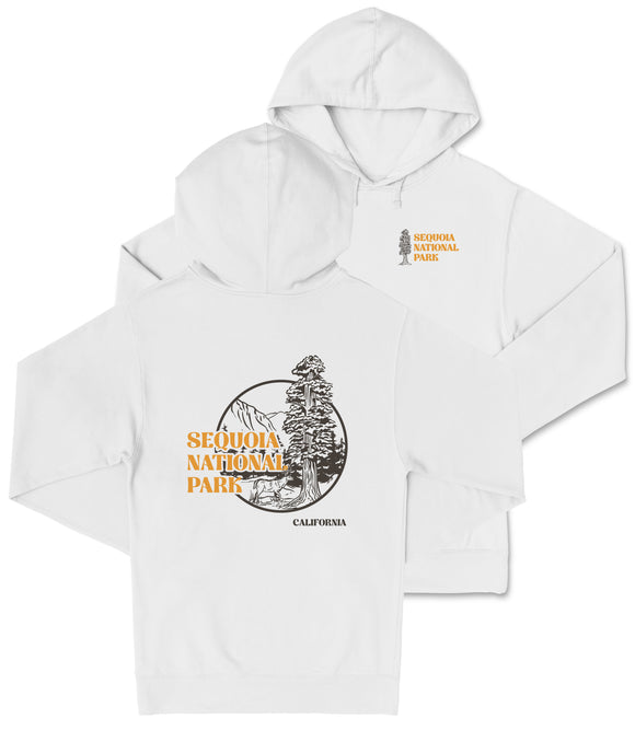 A white hooded sweatshirt with the text "SEQUOIA NATIONAL PARK" printed on the back.