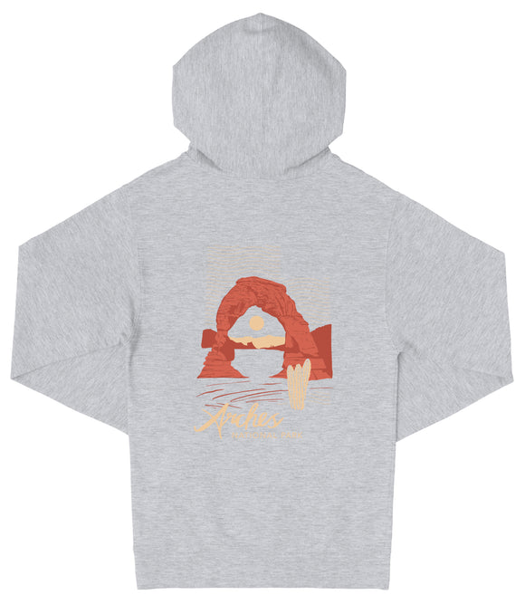 A gray hooded sweatshirt with a graphic design depicting a desert landscape with a red arch formation and a yellow sun in the background.