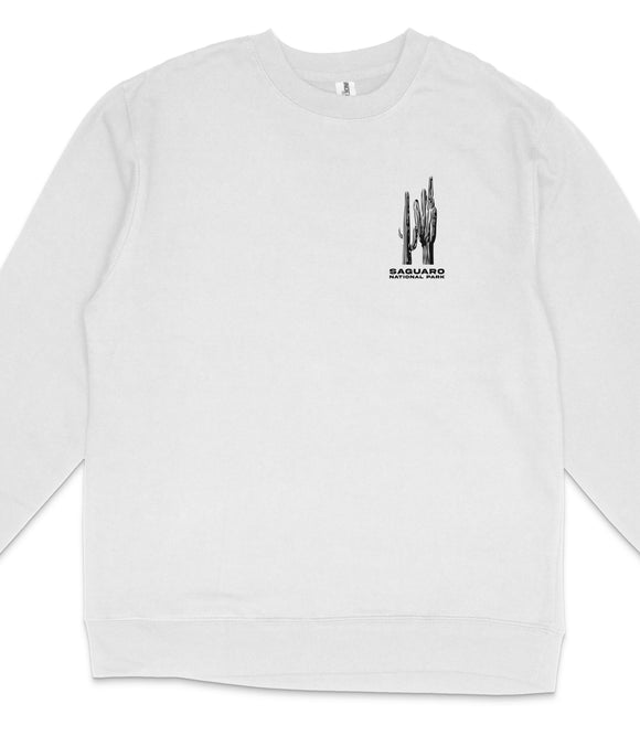 A white long-sleeved shirt with a graphic design on the left side.