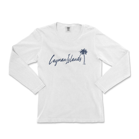 a white long sleeve shirt with a palm tree on the front